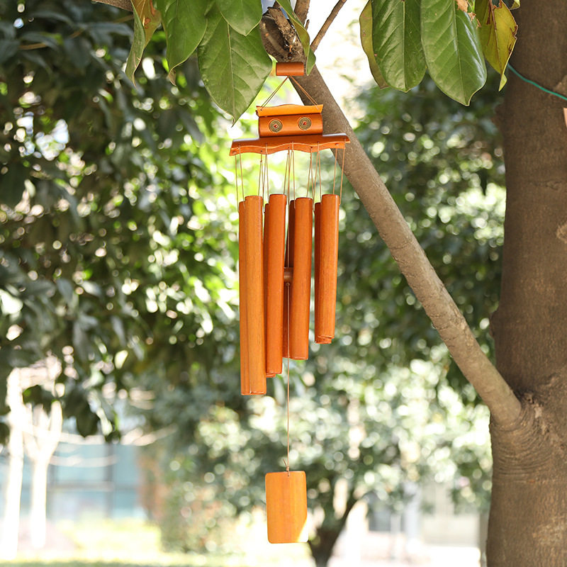 直供创意装饰工艺竹制风铃帆船亭瓦片造型木质竹筒风铃礼物