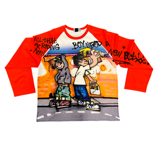 少年感秋季 T恤喷绘千禧风 创意设计感vintage彩色无性别插肩长袖