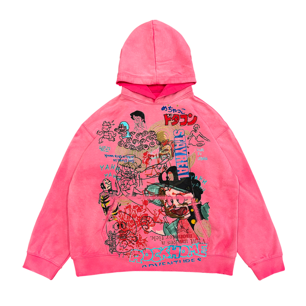 凌乱涂鸦街头艺术趣味设计抽象卡通脏染重磅vintage做旧连帽卫衣