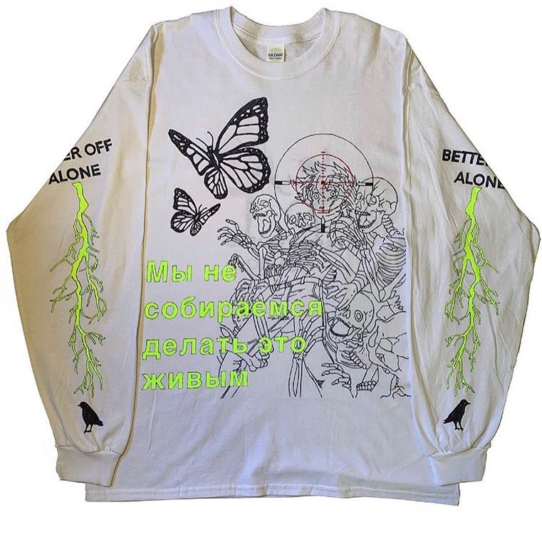 棱镜（Prism）无性别长袖T恤喷马骝黑色满身动漫涂鸦男女潮牌做旧