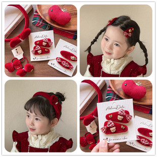 蝴蝶结发夹韩系儿童新年安哥拉红女童年服丝绒动物熊头结发箍发圈
