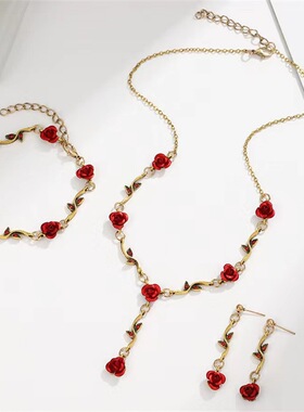 法式森系玫瑰耳环 复古浪漫红色花朵手链小众设计感项链套装