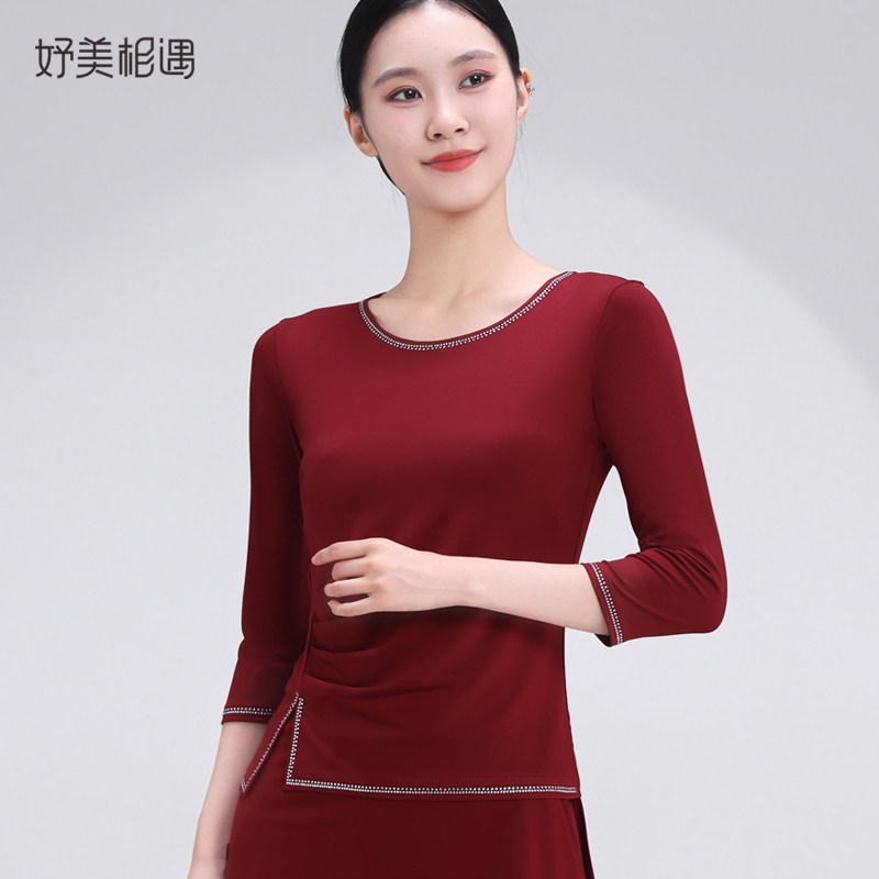 广场舞跳舞衣七分袖圆领上衣褶皱收腰舞蹈演出服中老年烫钻练功服