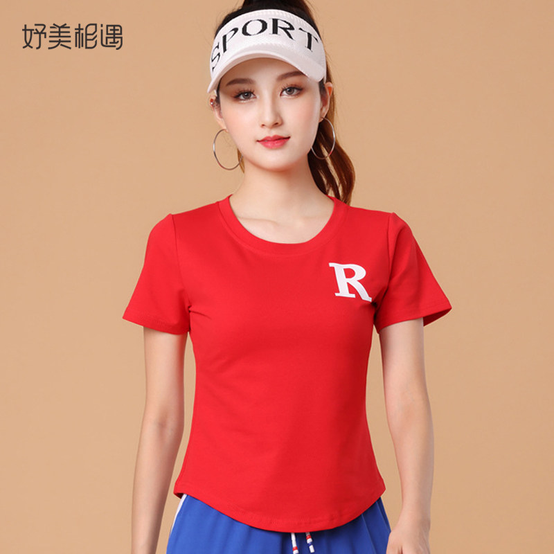 广场舞健身跳舞衣夏季弧形下摆上衣圆领短袖t恤红色跳操运动夏款