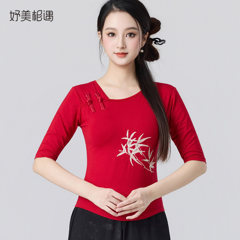 广场舞中袖莫代尔上衣盘扣刺绣绣花中老年大妈跳舞衣服舞蹈演出服