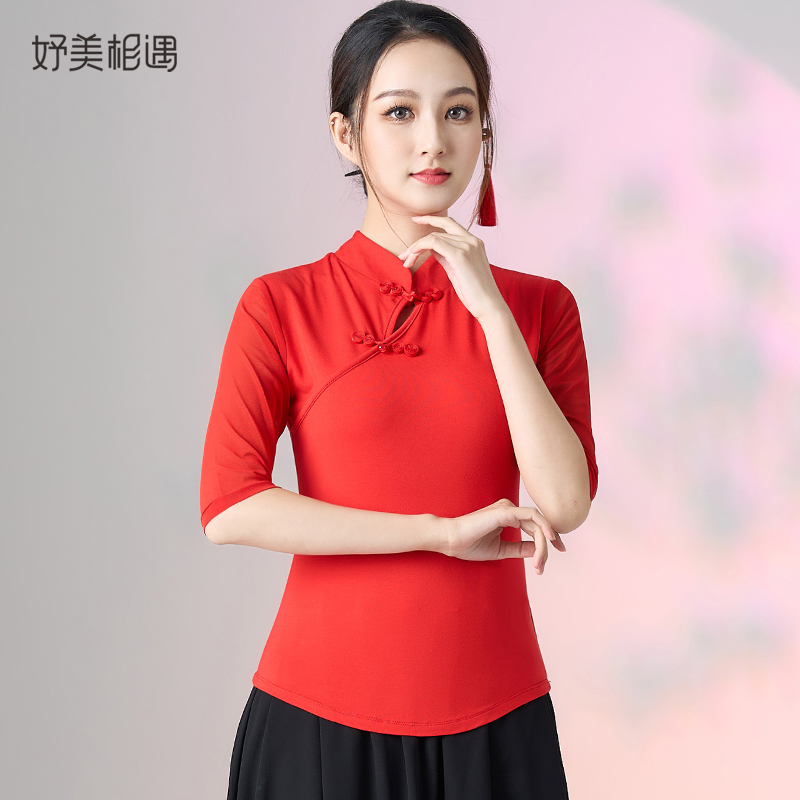 广场舞跳舞衣服中袖莫代尔网纱上衣盘扣国风演出服中老年妈妈舞衣