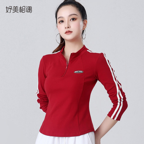 2024广场舞服装纯棉上衣春秋季半拉链跳舞衣跳健身操鬼步舞运动服