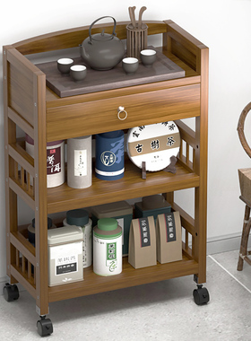 楠竹家用置物架收纳简易落地带轮收纳多层厨房推车客厅储物架茶叶