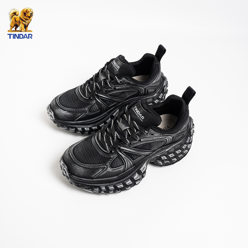 TINDAR天之獒机能风老爹鞋男鞋厚底增高潮黑色通勤透气网面跑步鞋