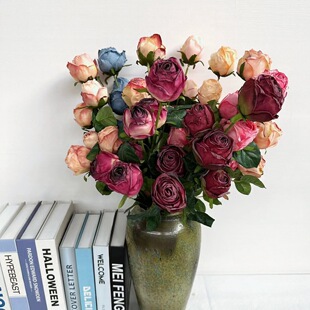 新款多头焦边玫瑰复古仿真花绢花装饰家居软装枯萎婚庆假花仿干花