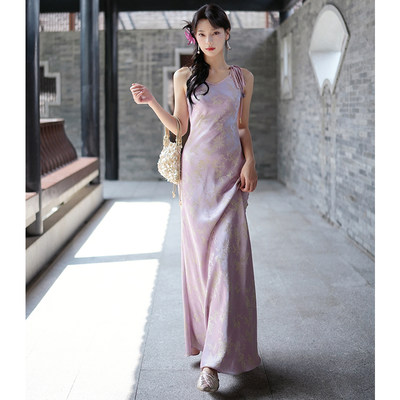 彼得潘大叔《紫浪鎏金》新中式舒适面料感性吊带连衣裙