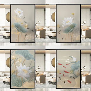 透光不透明防窥防走光推拉门窗户新中式荷花磨砂贴膜玻璃贴纸