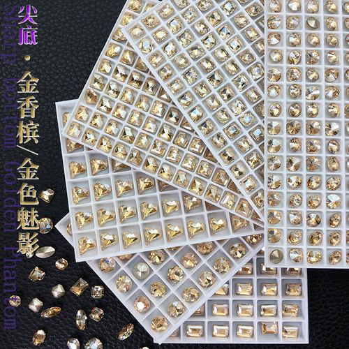 异形日系金色水晶立体闪钻美甲