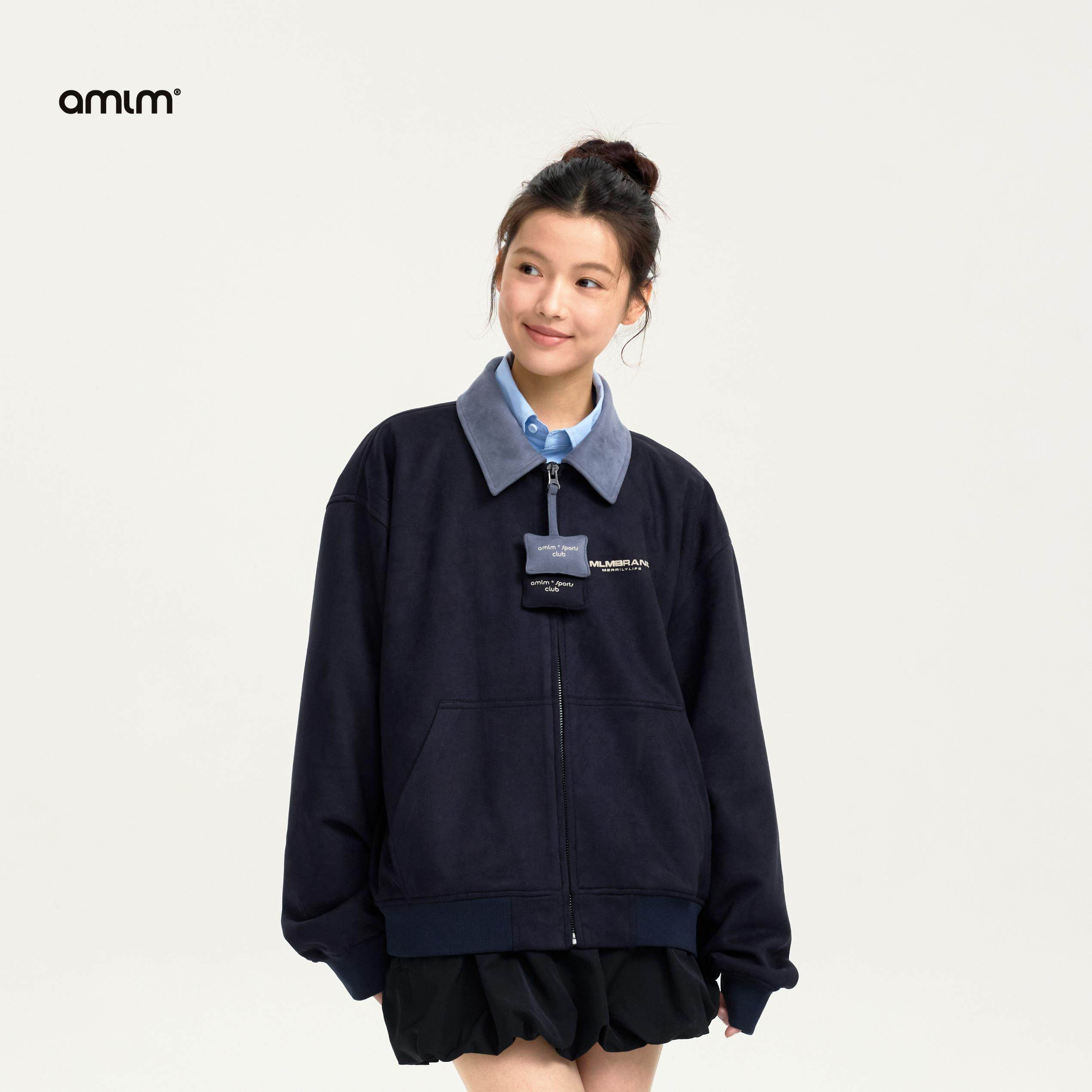 AMLM 美式复古麂皮翻领夹克小枕头装饰开衫设计春秋时尚情侣外套图片