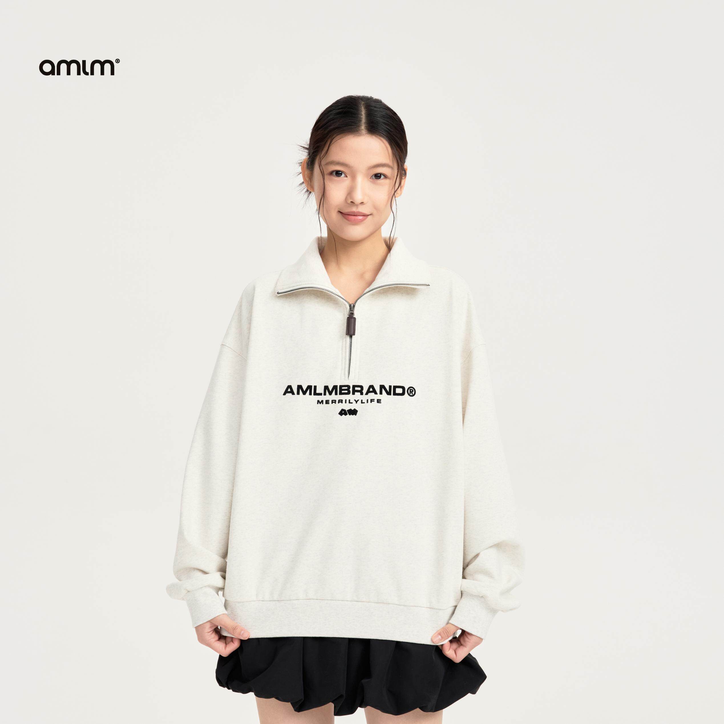 AMLM 户外运动翻领字母logo卫衣植绒标语印花宽松POLO加绒卫衣女图片