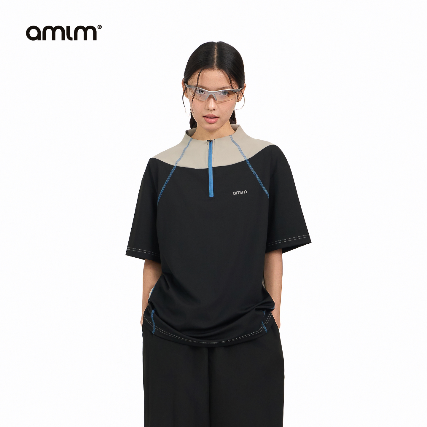 AMLM半拉链炫酷拼接撞色短袖图片