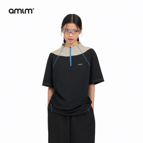 AMLM半拉链炫酷拼接撞色短袖