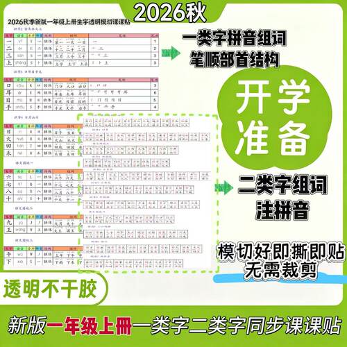 26年秋新款一年级不干胶透明款同步RJ版语文一二类生字课课贴即贴
