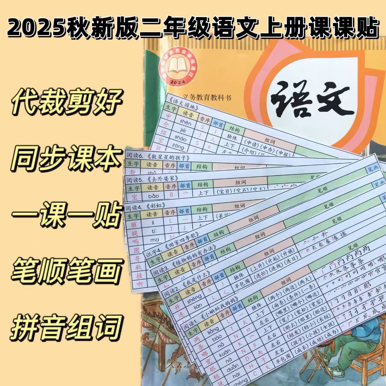 2025年秋季上册语文一二年级生字表笔顺拼音组词笔画课课贴裁剪好