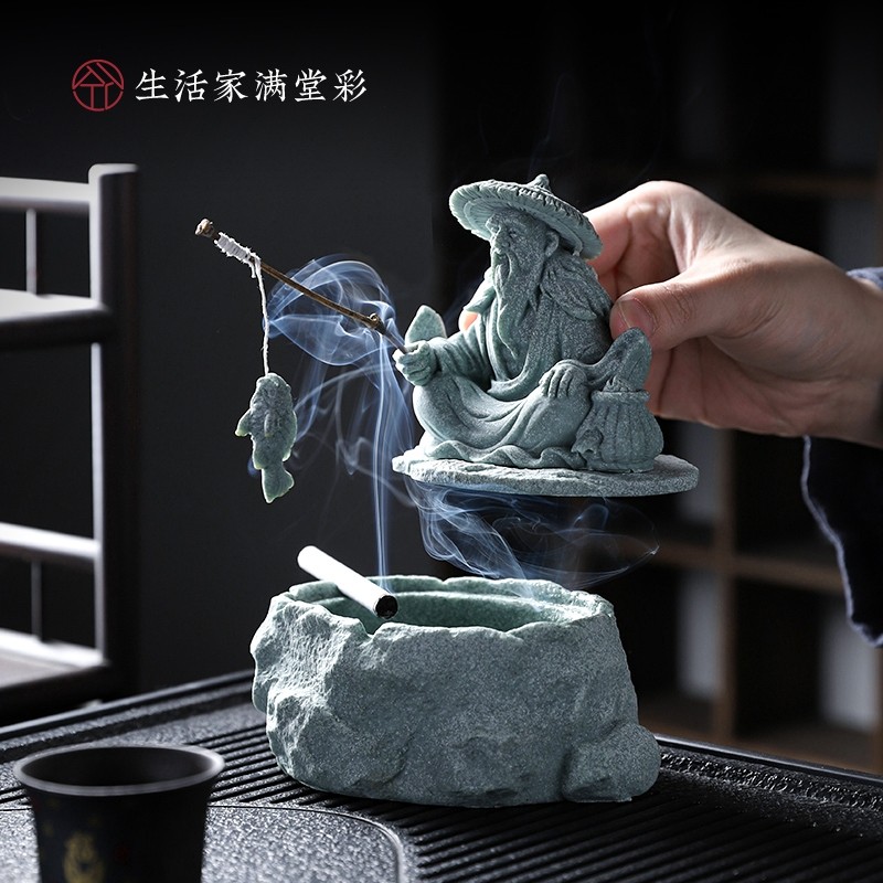创意中式大号钓鱼老翁青砂石烟灰缸带盖子防飞灰家用客厅办公室烟