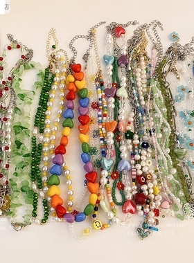 彩色花朵珍珠爱心串珠项链甜美小清新锁骨链新款年新品项饰女百搭