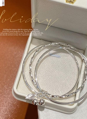 香港正生银传承银手镯女银细手镯简约三环铃铛叶子三百搭