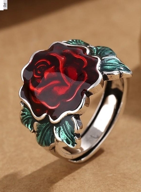 复古民族风珐琅烧蓝玫瑰花戒指女个性泰银花卉活口指环情人节百搭