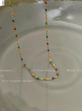 韩国叠戴时尚彩色滴油小豆子项链女简约小众时尚可爱锁骨链百搭