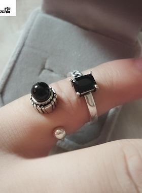 时尚简约黑色方形锆石戒指女复古做旧气质开口指环嘻哈时尚食百搭