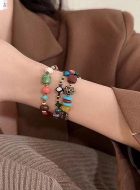 新中式民族风藏式吉象手链女复古天然石编织手串小众高级个性百搭