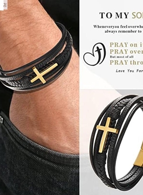 跨境热卖多层手工编织牛皮绳不锈钢色十字手链男士皮绳磁铁扣百搭