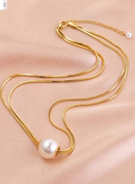 钛钢双层叠戴珍珠项链女夏新款新品大气小众设计感高级锁骨链百搭