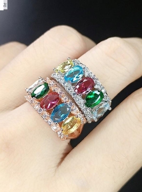 厂家直销仿七彩碧玺戒指女时尚高级感祖母绿红石彩宝活口指环百搭