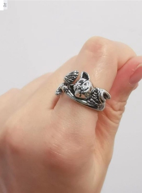 复古小懒猫镀银猫咪戒指女森系猫咪指环可调节日韩饰品百搭