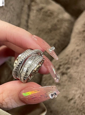 百搭新品银多层线条锆石戒指 复古个性女式时尚食指开口百搭