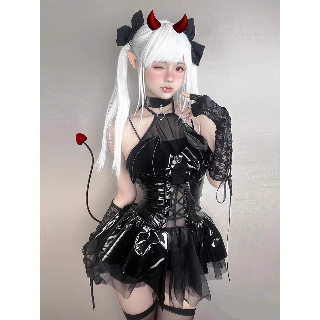 情趣cos二次元小恶魔短裙套装性感亮面PU挂脖日系jk制服皮裙魅魔C