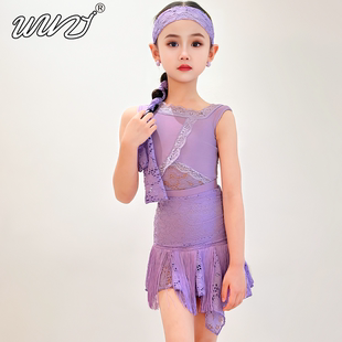 儿童拉丁舞服女童2025夏季新款紫色拉丁舞练功服少儿舞蹈表演套装