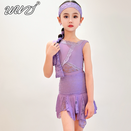 儿童拉丁舞服女童2025夏季新款紫色拉丁舞练功服少儿舞蹈表演套装