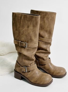 TBT 手工擦色工艺“好看的”绑带金属扣马术骑士靴 巴恩风长筒靴