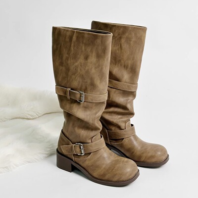 TBT 手工擦色工艺“好看的”绑带金属扣马术骑士靴 巴恩风长筒靴