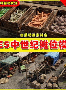 UE5 Medieval Market Optimized 中世纪摊位果摊市场模型5.1