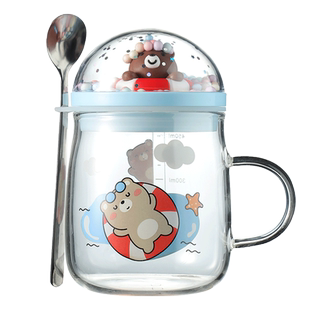 牛奶杯儿童刻度玻璃杯吸管马克杯带盖勺可微波加热早餐冲饮喝奶杯