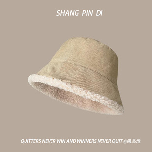 双面羊羔毛渔夫帽女秋冬季保暖百搭毛绒盆帽显脸小帽子时尚水桶帽