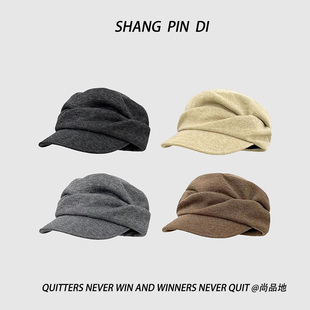 出日本~柔软！褶皱山本风羊毛混纺马术帽女文艺平顶鸭舌报童帽潮