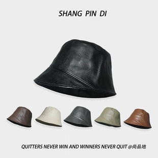 小众设计师款水桶帽女pu皮复古百搭黑色渔夫帽秋冬季气质皮帽子潮
