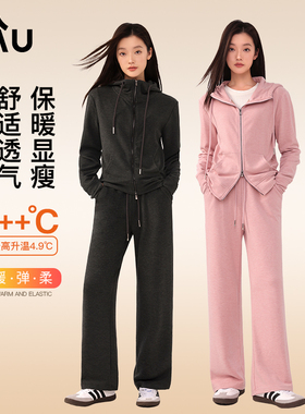 RAU运动套装两件套冬季黑色连帽时尚休闲直筒裤短外套2025新款