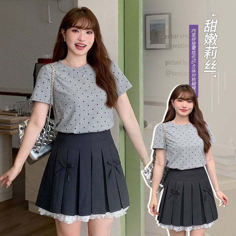 纯欲风蕾丝蓬蓬JK裙a字半身裙女夏季大码胖mm蝴蝶结百褶裙子63372