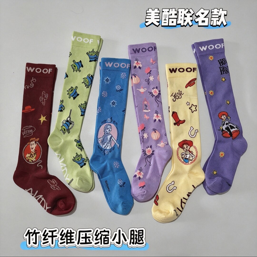 出口澳洲联名款竹纤维压缩小腿袜卡通长筒袜毛圈底运动压力袜新款