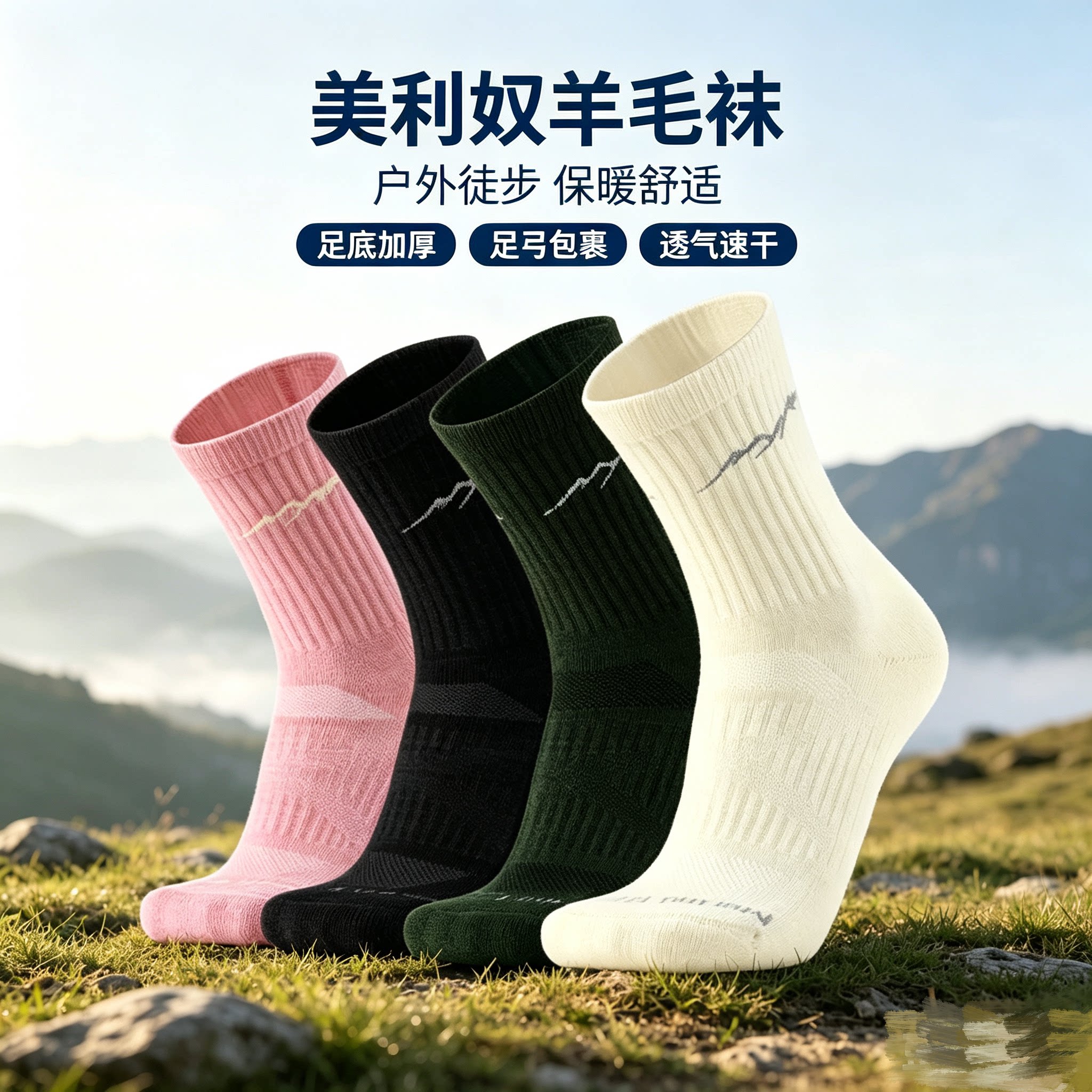 MP澳洲美利奴羊毛毛圈底男女耐磨运动户外徒步登山露营中高筒袜子