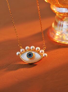 欧美个性眼睛恶魔之眼耳环镶嵌母贝珍珠耳钉简约项链蓝眼睛锁骨链